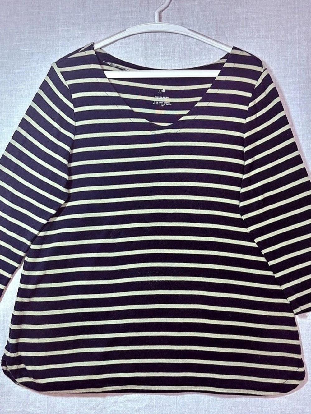J.Jill Pima 3/4-Sleeve V-Neck Tee Striped V-Neck Tee Black & Cream Size Medium P